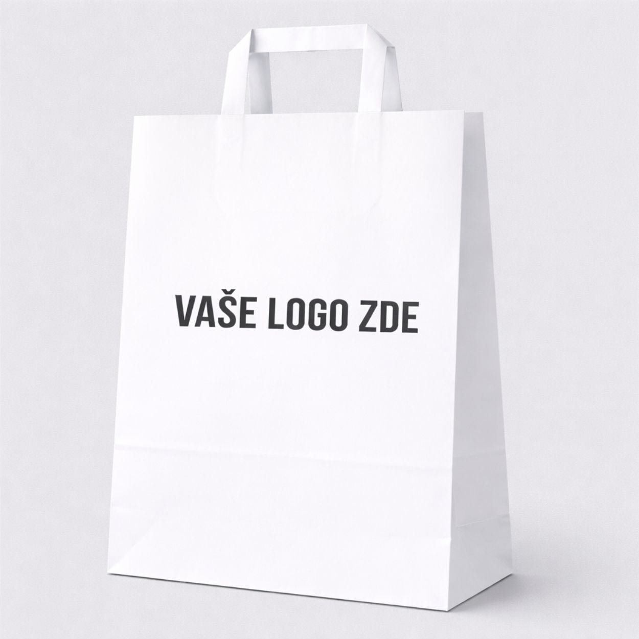 Papírová taška bílá s plochými uchy, 320 × 160 × 430 – pohled zepředu