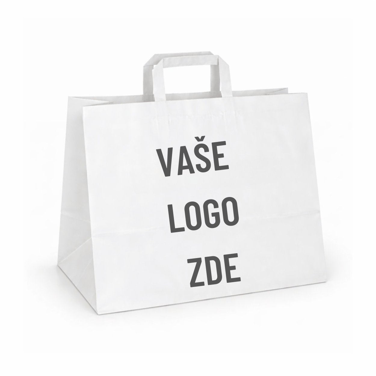 Papírová taška bílá, ploché ucho, 320 x 220 x 240 – pohled zepředu