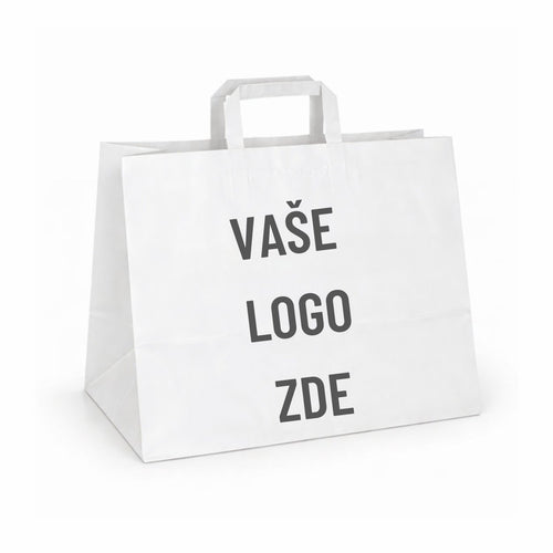 Papírová taška bílá, ploché ucho, 320 x 220 x 240 – pohled zepředu