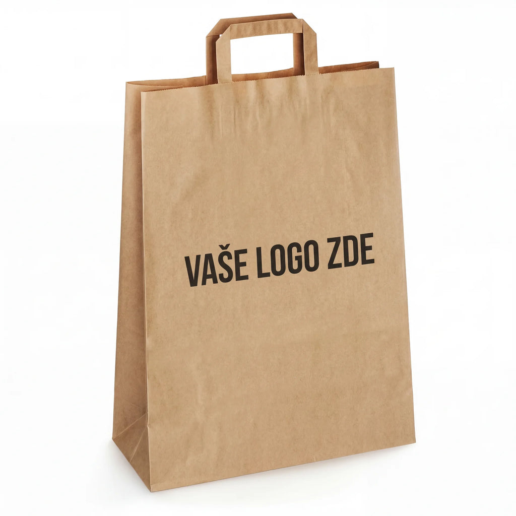Papírová taška hnědá přírodní, ploché, 320 × 160 × 430 – pohled zepředu